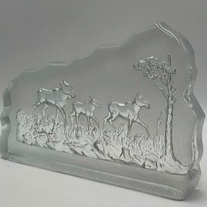 Nybro Sweden Art Glass: Lg. Carved Crystal Forest Scene w/Dog & Three Moose/Elks